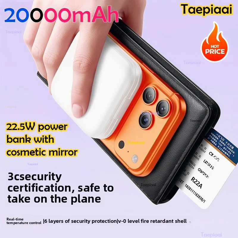 Фото Внешний аккумулятор Taepiaai 20000 мАч с быстрой зарядкой и зеркалом для макияжа, портативный, для iPhone 17, 16, 14, Samsung, Huawei №3