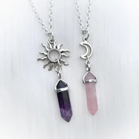 2pcs natural stone hexagonal column crystal pendant sun and moon charm best friends jewelry purple pink bullet stone women gift