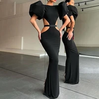sexy maxi dresses women cut out backless long vintage puff sleeve slim fit bodycon night club ladies dinner party dress