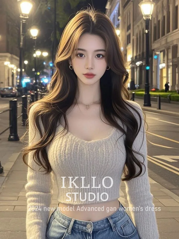 Plus Size Autumn Small V-neck Long sleeve Knitted Bottoming Shirt Women Pure Desire Sle Sexy Gyaru Slim fit Slimming Short Top