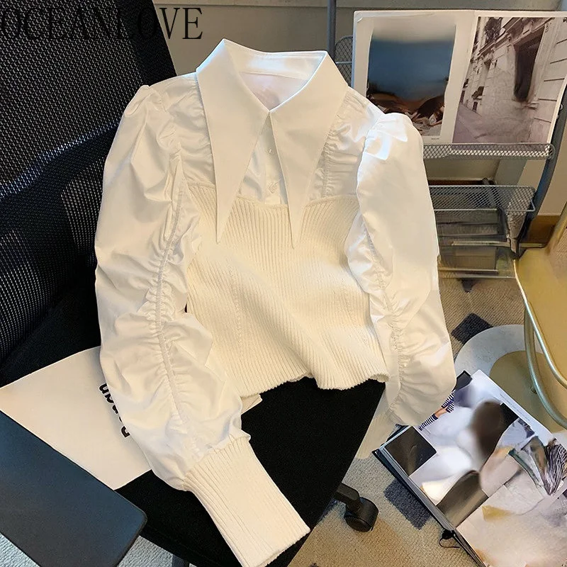 

Knitting Patchwork Women Blouses Solid Patchwork 2 Pieces Blusas eminina Korean Spring Slim Short Shirts