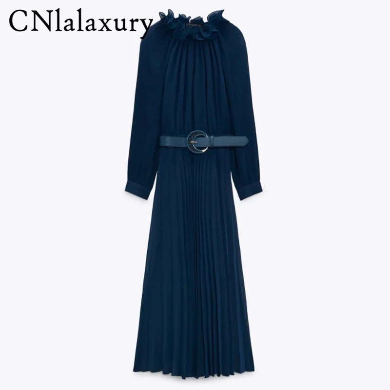 

CNlalaxury Elegant Women Dress Female Casual Long Sleeve Office Chiffon Pleated Dresses A-line Vintage Sweet Clothing Vestidos