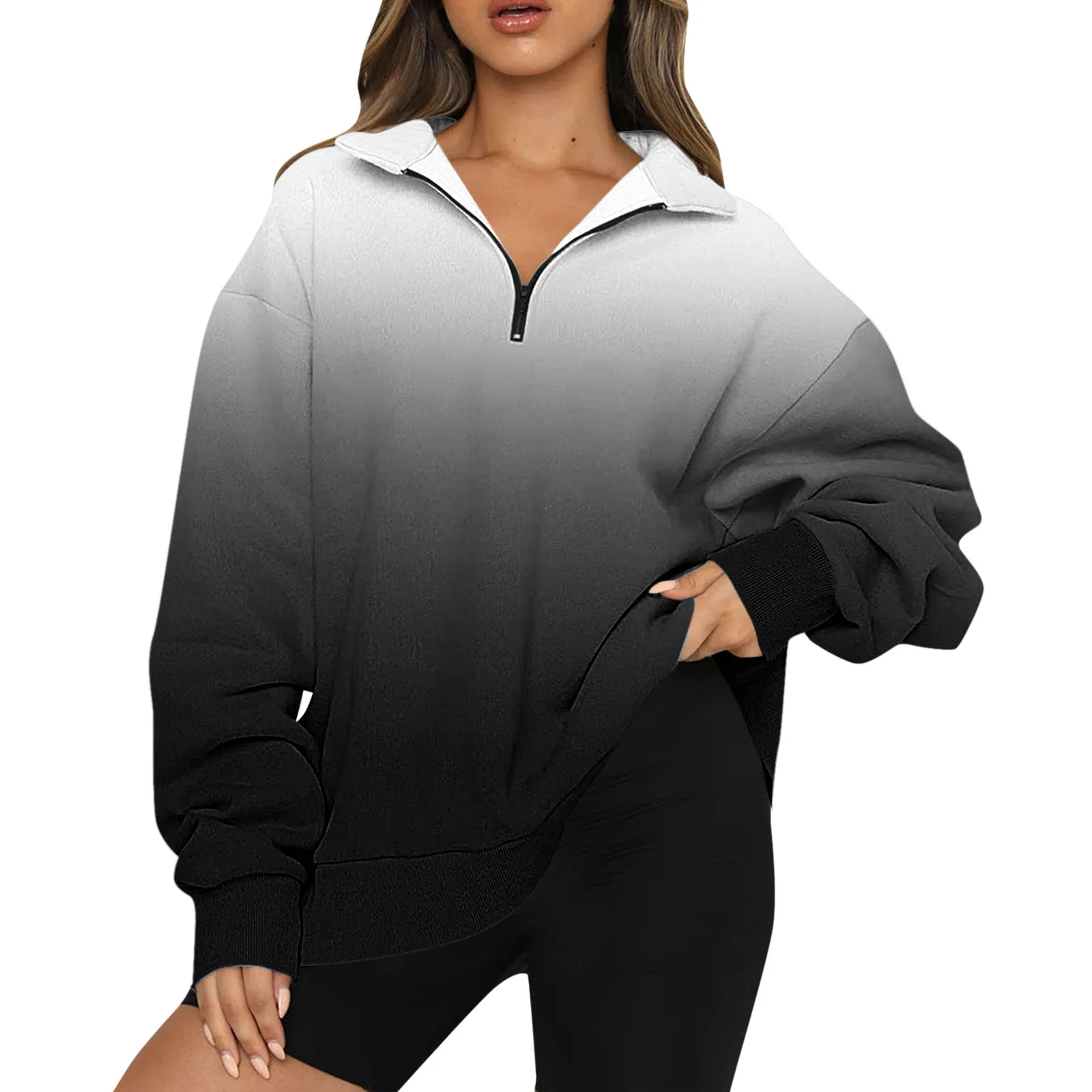 

Womens Street Oversized Pullover Long Sleeve Loose Sweatshirt Trendy Gradient Print Zipper Lapel Hoodie For Ladies Autumn 2023