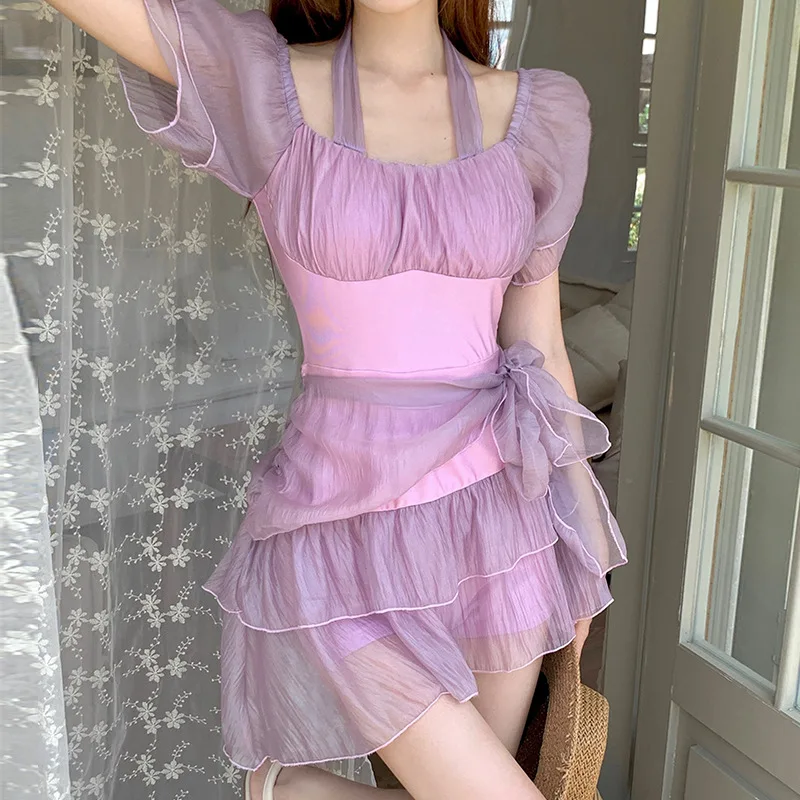 Милый элегантный купальник Женская Слитная юбка фиолетовая облегающая с лямкой