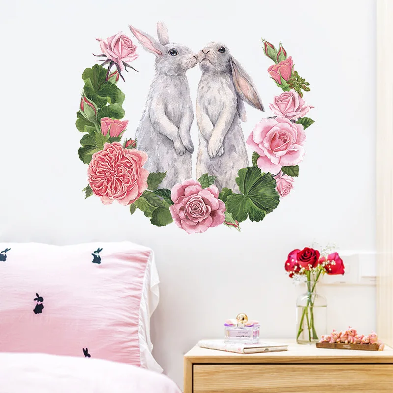 

Couple rabbit rose bedroom home cabinet wall decoration can remove wall stickers self-adhesive PVC home decoration accessories