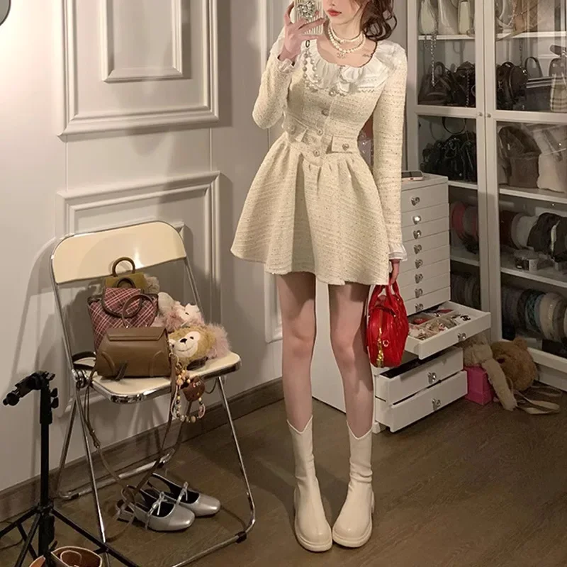 Французское милое кружевное маленькое женское платье с круглым вырезом