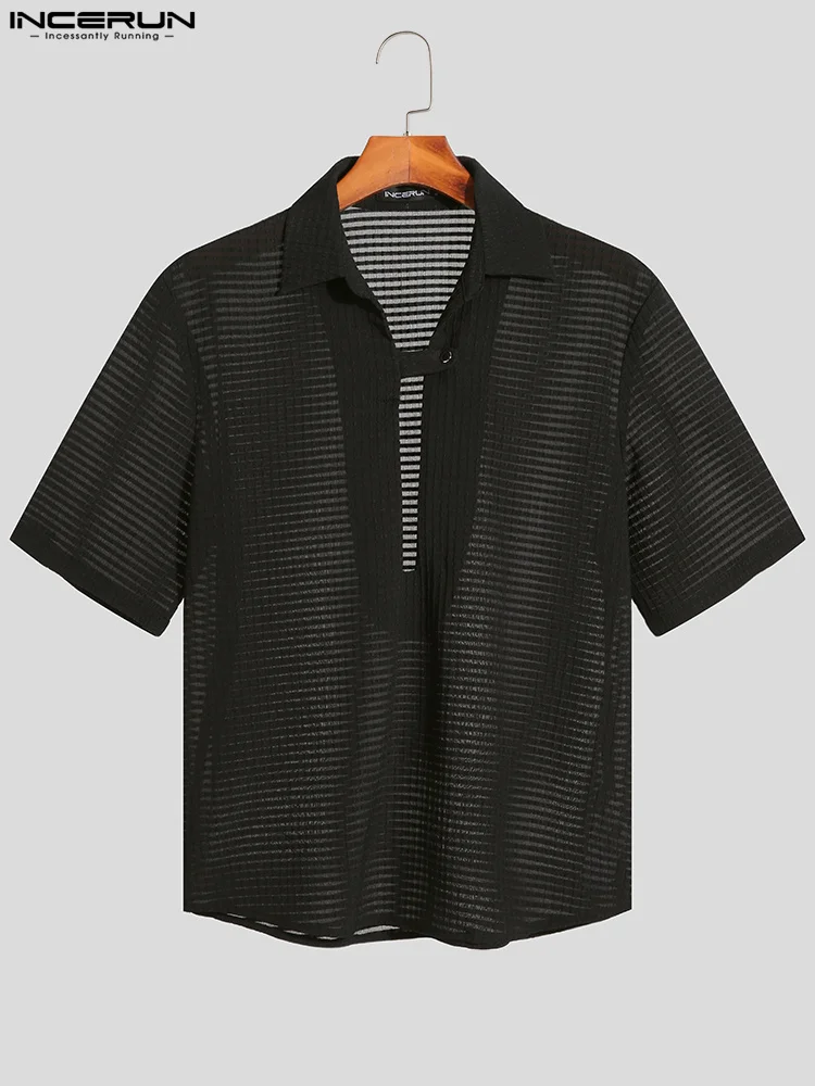 Handsome Well Fitting Tops INCERUN New Men Textured Slightly See-through Blouse Solid Loose Chest Slit Short Sleeve Shirts S-5XL