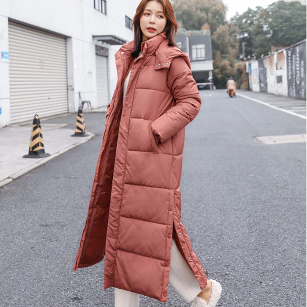 2022 winter new extra long over knee down cotton overcoat women students loose thicken super warm windbreaker cloak snow wear