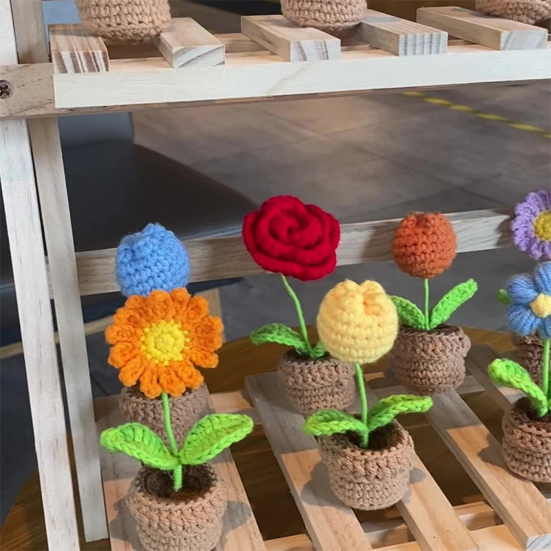 

Mini Knitted Flower Artificial Crochet Flowers Hand-knitted Desktop Decoration DIY Daisy Rose Tulips Potted Cute Homemade