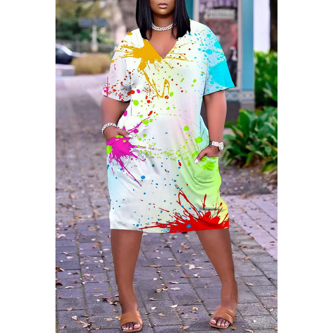 

Multicolor Tie Dyeing Style Print Dres V-neck Short Sleeve Knee Length Dress Summer Fashion Street Skirt Casual Women's Dress
