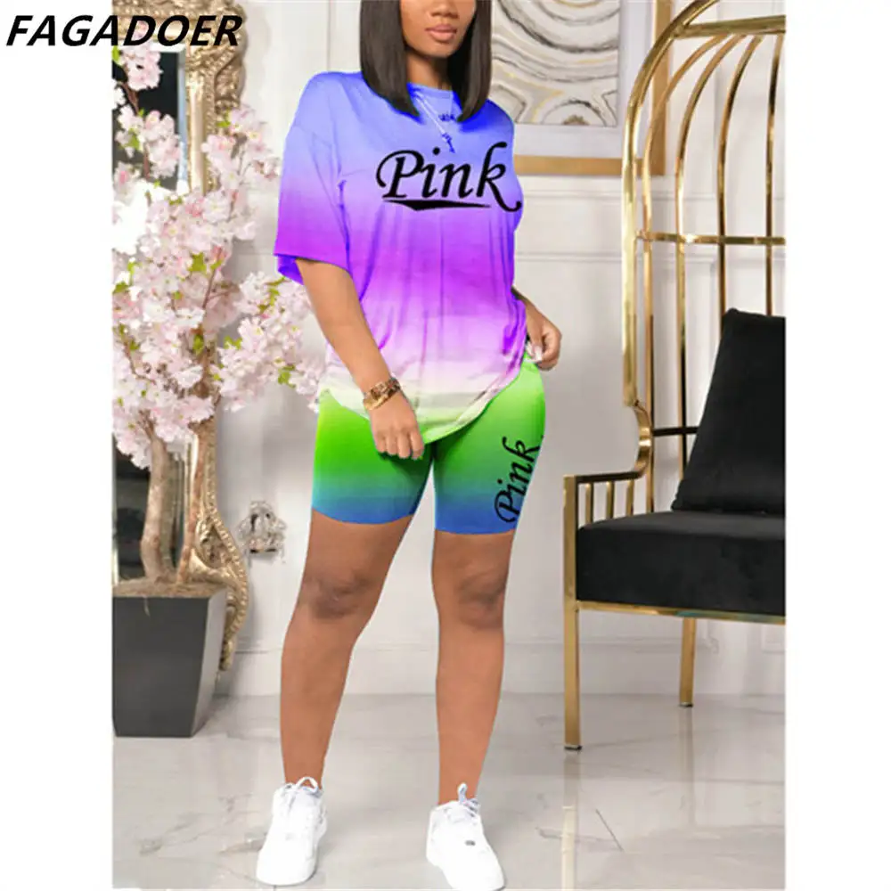 

FAGADOER Rainbow Gradient Shorts Two Piece Set Women Round Neck PINK Letter Print Tshirt + Shorts Outfits Fashion Matching Suits