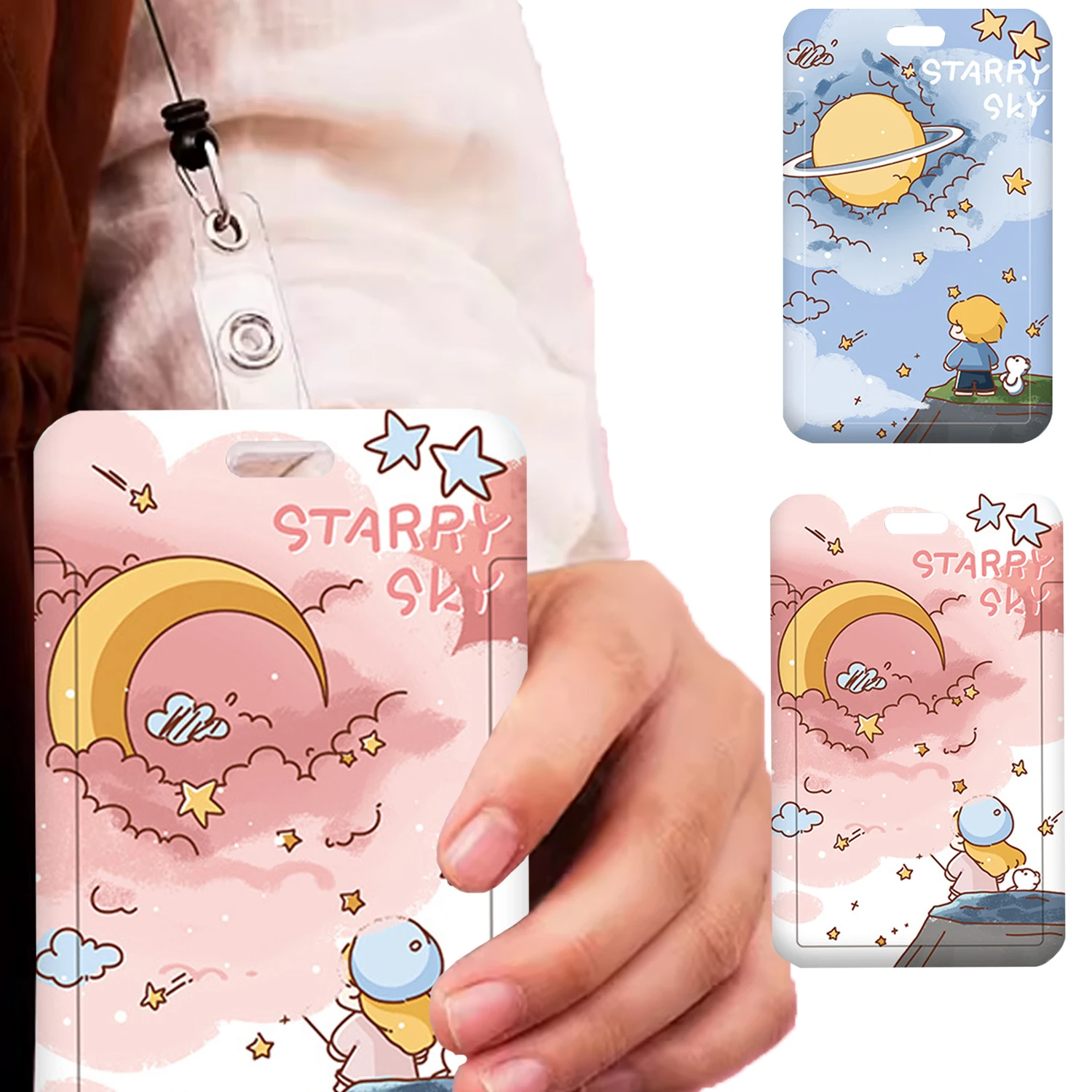 

Starry Sky Cartoon Prints Couple Card Holder For Women Men Badge Holder ID Credit Card Pass Cover Case With Keychain Protectors