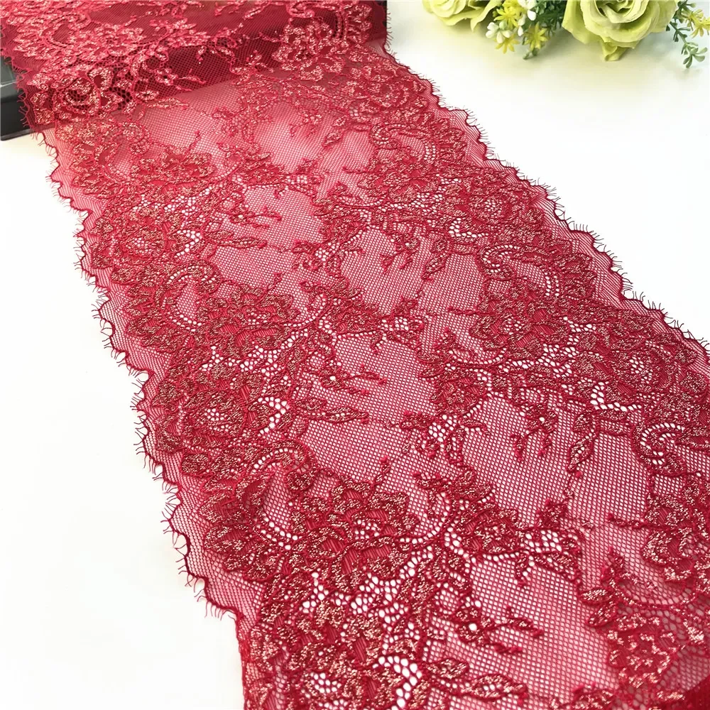 

NEW 3y/lot Width 9 1/4 inch 23.50cm Red With Gold Eyelash No-Elastic Lace Trim Lingerie Sewing Craft DIY Apparel Fabric Lace Gar