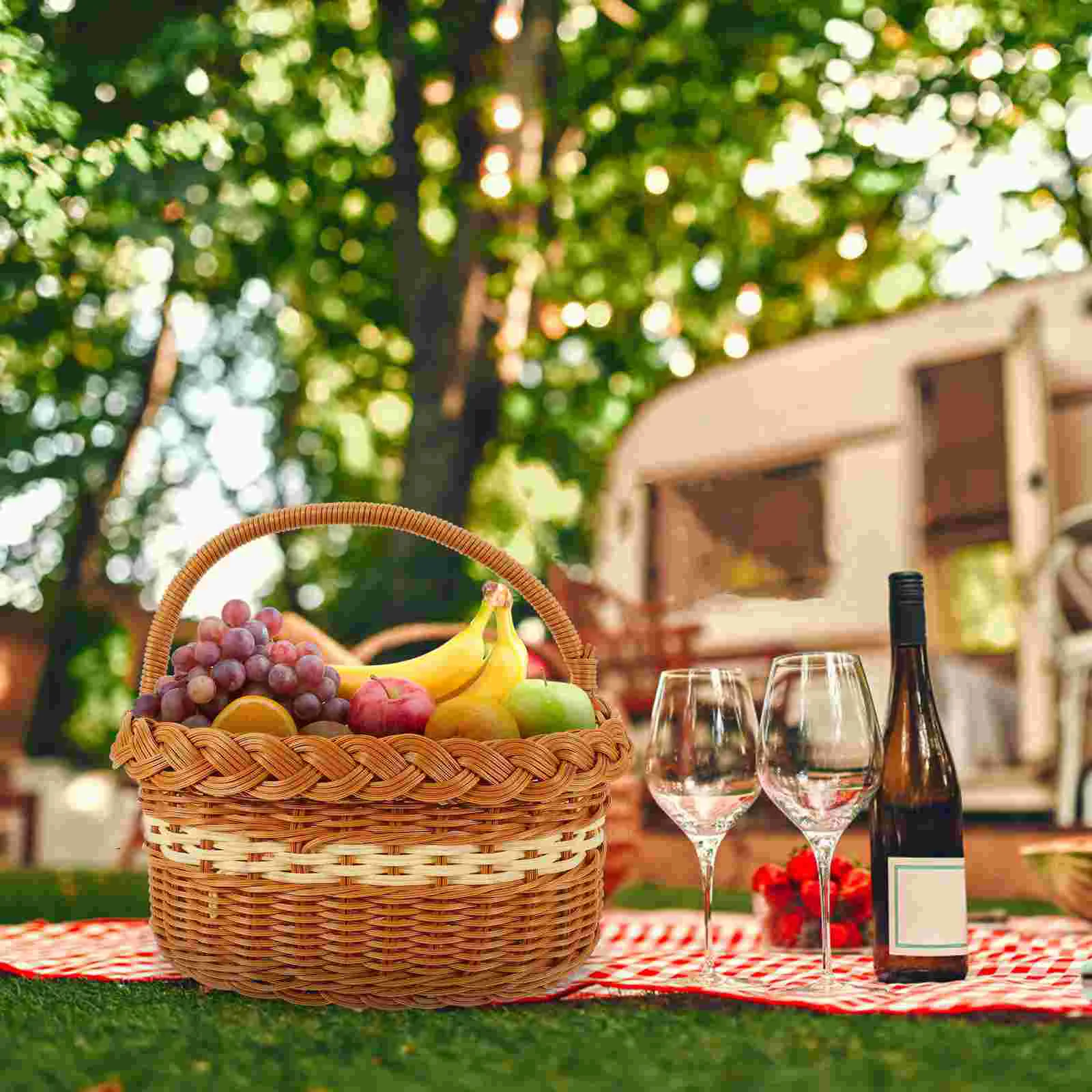 

Woven Hamper Imitation Rattan Basket Dessert Hand-made Vegetable Pp Container Decorative Fruits Baby Household