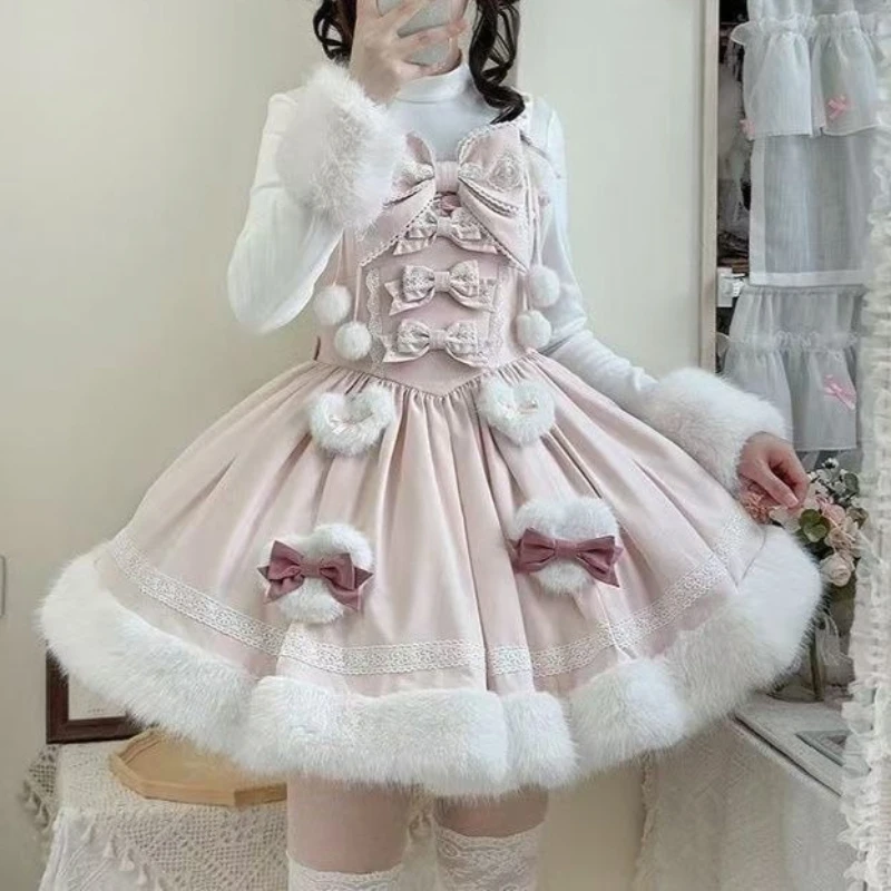 Фото Комплект платья-накидки с капюшоном и ушками кролика в стиле Sweet Lolita, розовый, для женщин и девочек, с кружевом, бантом, помпонами и меховой отделкой, для косплея, вечеринок и повседневной носки №1