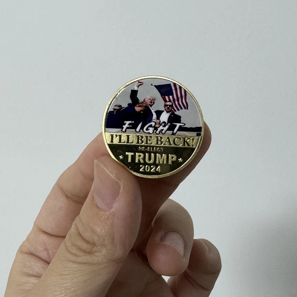 Золотые булавки с монетами Трампа 2024 броши изображением драки стрельбы я вернусь