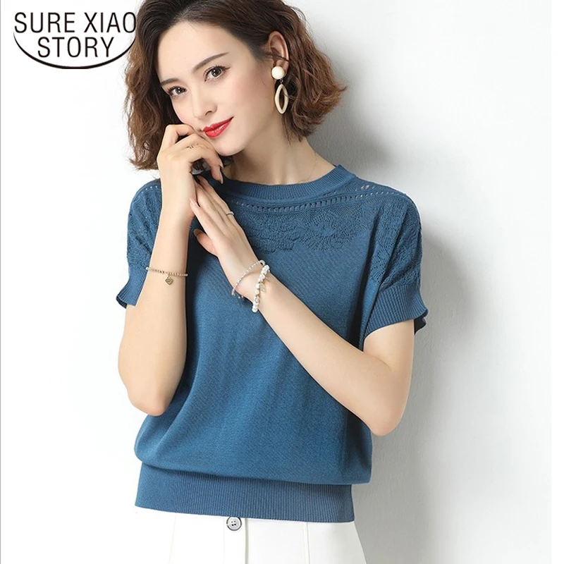 

Lace Floral Hollow Out Summer Short Sleeve Pullover Women Cotton Eyelet Elasticity O-Neck Sweater Female Blue Knitted Top 18843