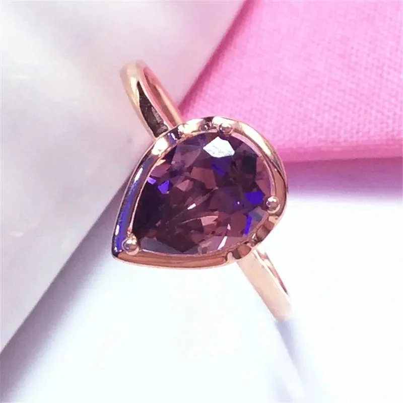 

Russia 585 Rose Gold Plated 14K Women's Fashion All-Match Purple Gold Water Drop Zircon Open Ring