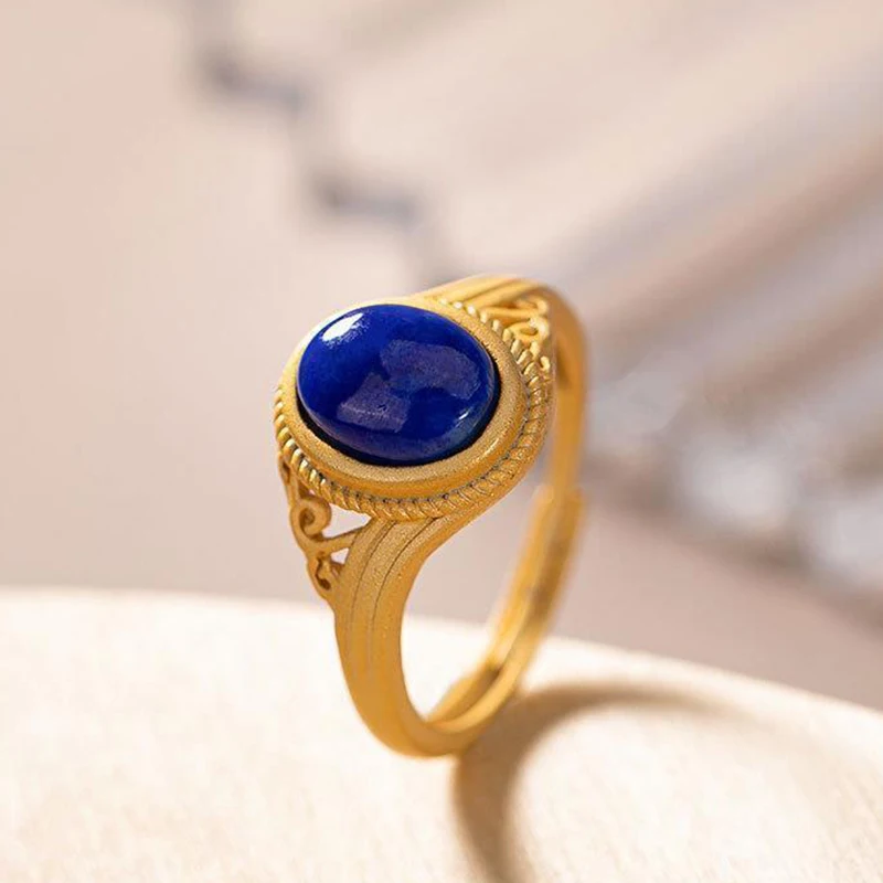 

Creative Design Ancient Gold Craft Hollow Inlaid Lapis Lazuli Oval Ladies Ring Open Chinese Style Vintage Exquisite Jewelry