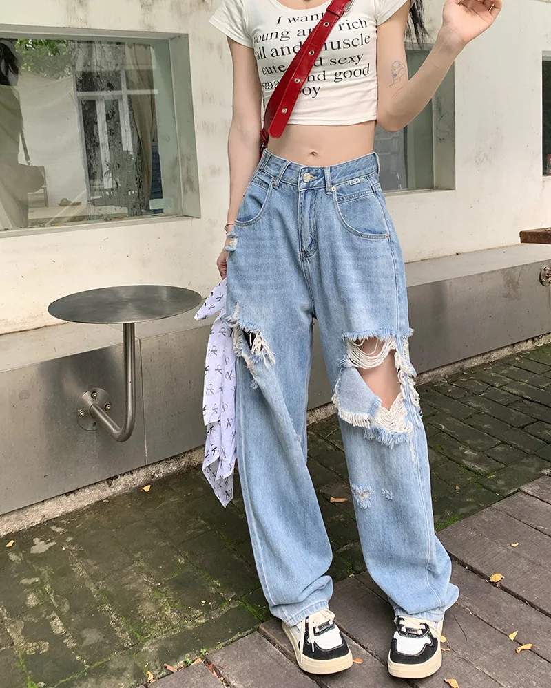 

women's jeans 2023 Y2K cargo pants women denim ripped panhandler pants jeans baggy Straight leg pants loose calças