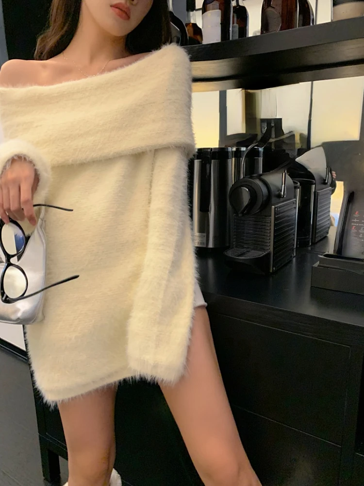 

2023 Spring Korea Fashion Knitted Sweater Office Lady Woman Pure Color Elegant Pullover Off Shoulder Design Casual Tops Clothing