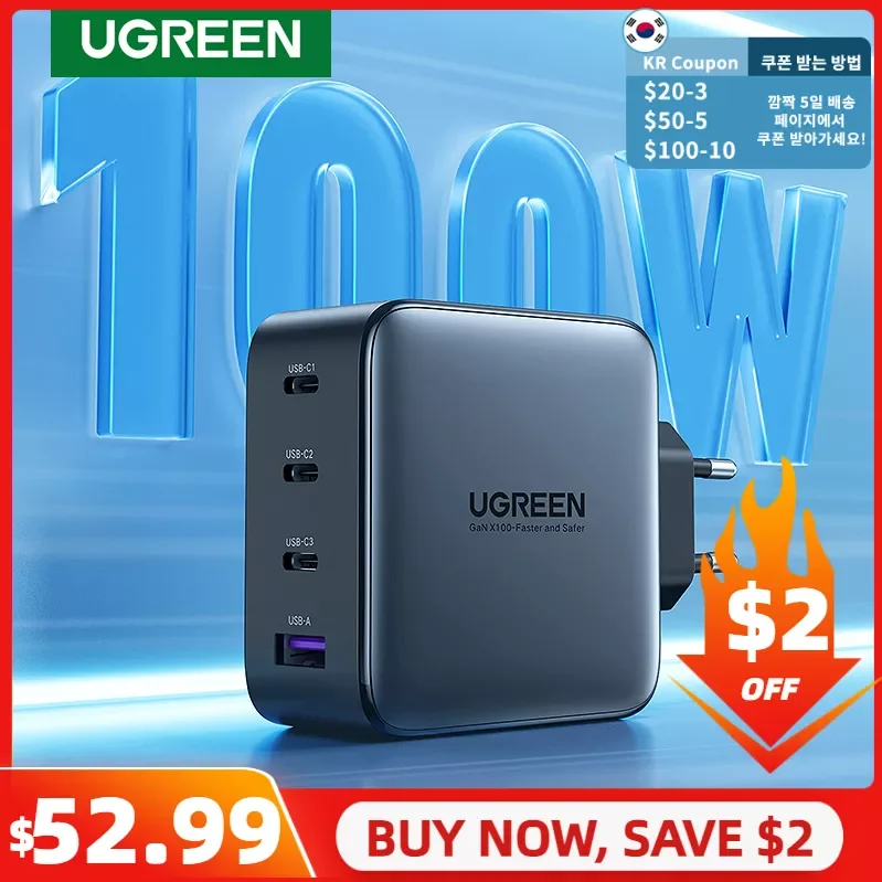 

Зарядное устройство UGREEN с USB-портом и поддержкой быстрой зарядки, 100 Вт