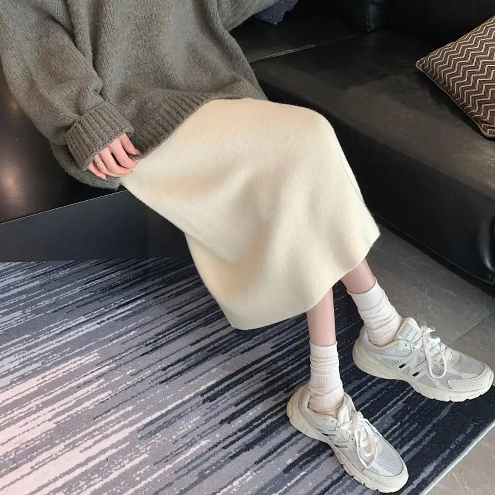

Elastic Waist Women Long Skirt Knitted Pencil Skirt Split Knitting Winter Autumn One-step Female Wool Black Skirts F0x0