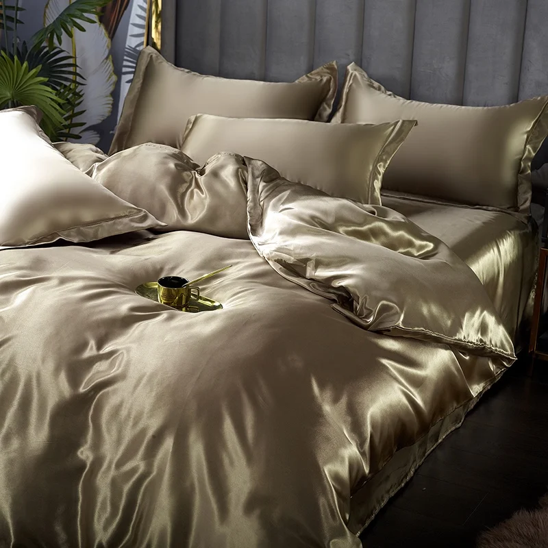 

Silk Bedding Set with Duvet Cover Bed Sheet Pillowcase Bedding 100% Pure Silk Satin Sheet Solid Color King Queen Full Twin Size
