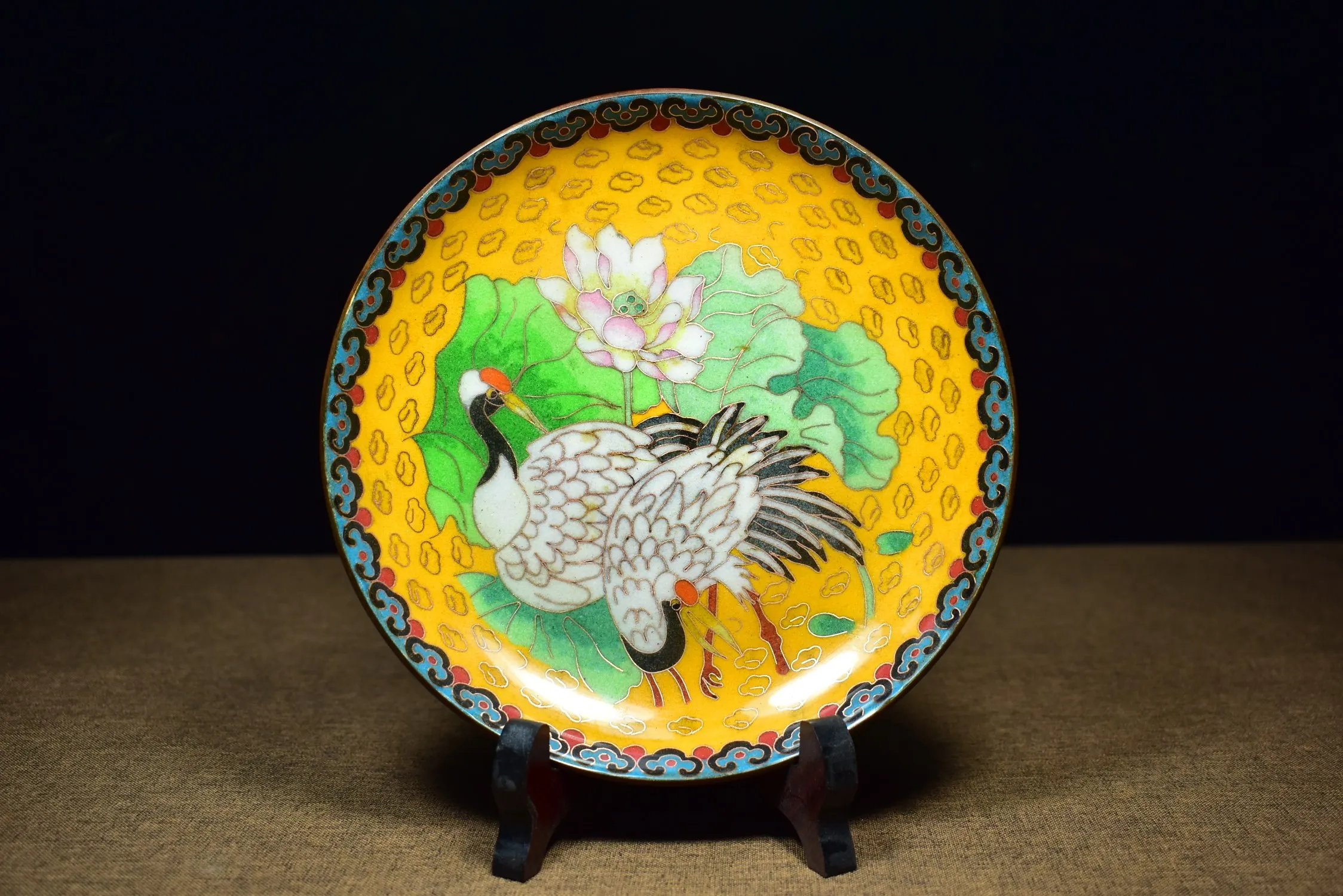 

8" Tibetan Temple Collection Old Bronze Cloisonne Enamel Crane longevity reward plate screen ornament Town house Exorcism