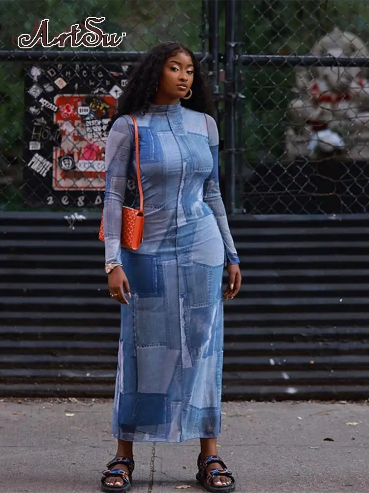 

ArtSu Fashion Casual Print Long Sleeve Long Dress Women Autumn Simple Wild Slim Streetwear Office Lady Maxi Dress AN