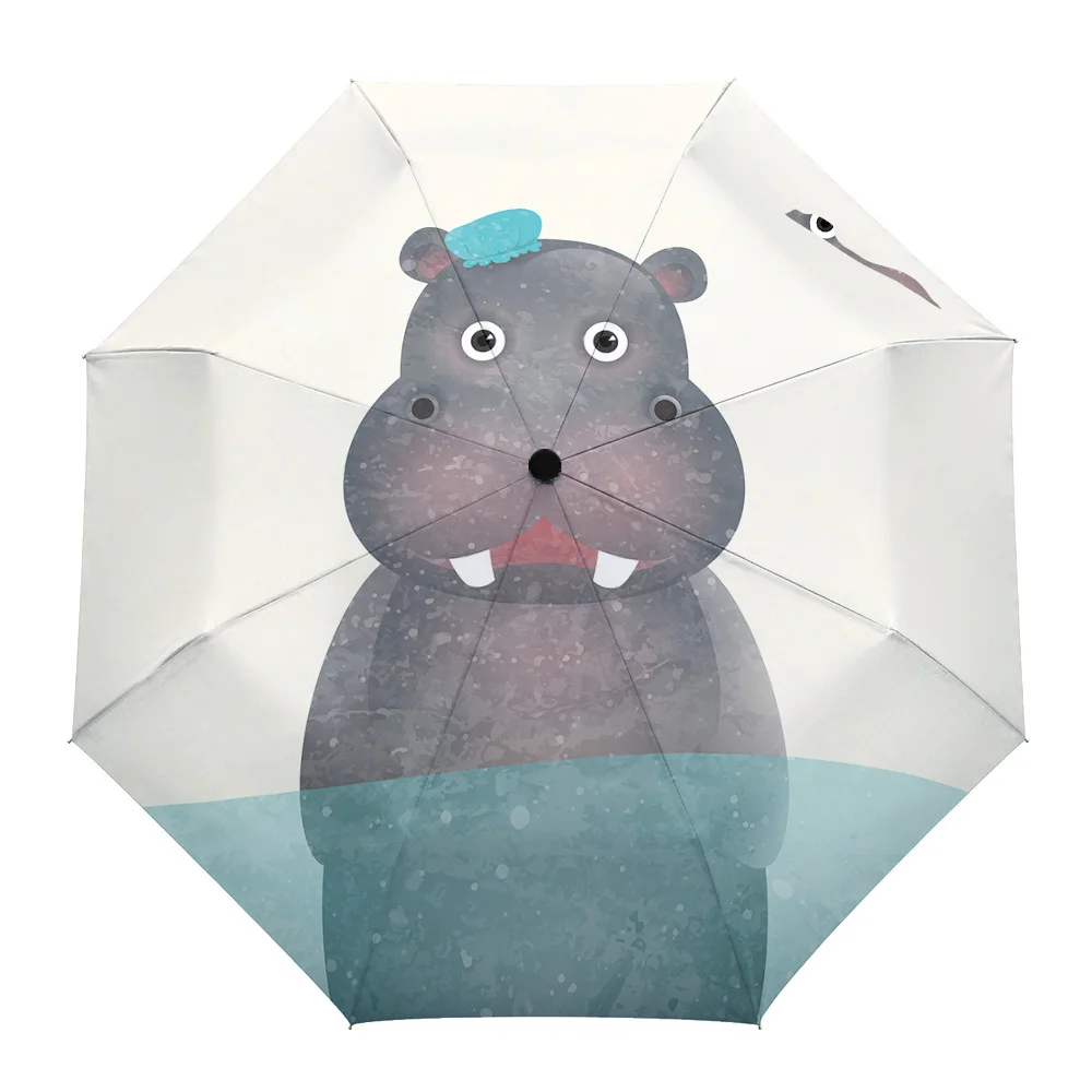 

Летний Зонт с принтом в виде бегемота для купания на открытом воздухе, полностью автоматические складные зонты из восьми прядей для взрослы...
