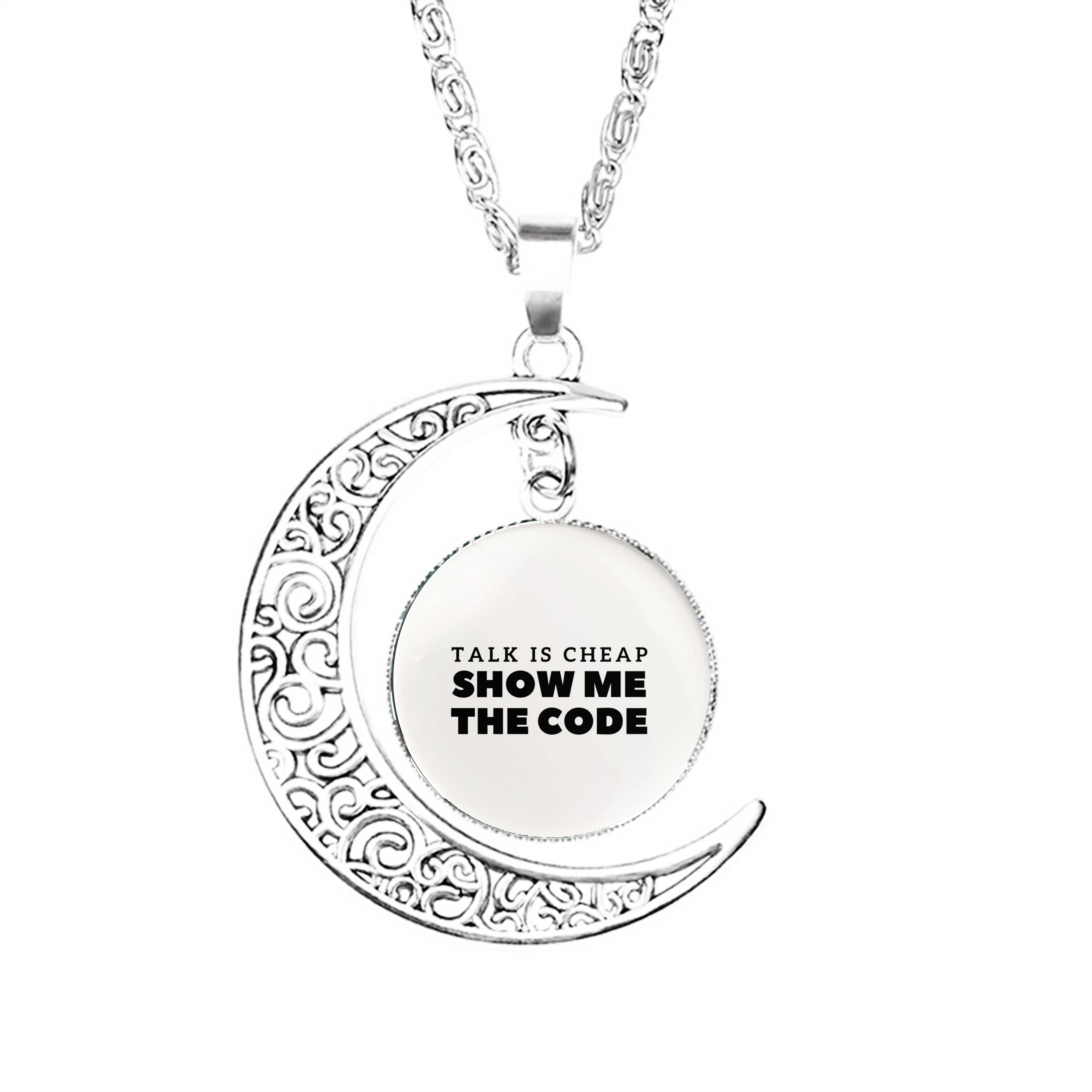 "Talk Is Cheap Show Me The Code Coders Programmers Data Analysts Moon Necklace Women Charm Chain Jewelry Lovers Lady on" - "Покажи мне код, разговоры дешевы: ожерелье Луны для женщин, программистов, аналитиков данных и любителей украшений&q
