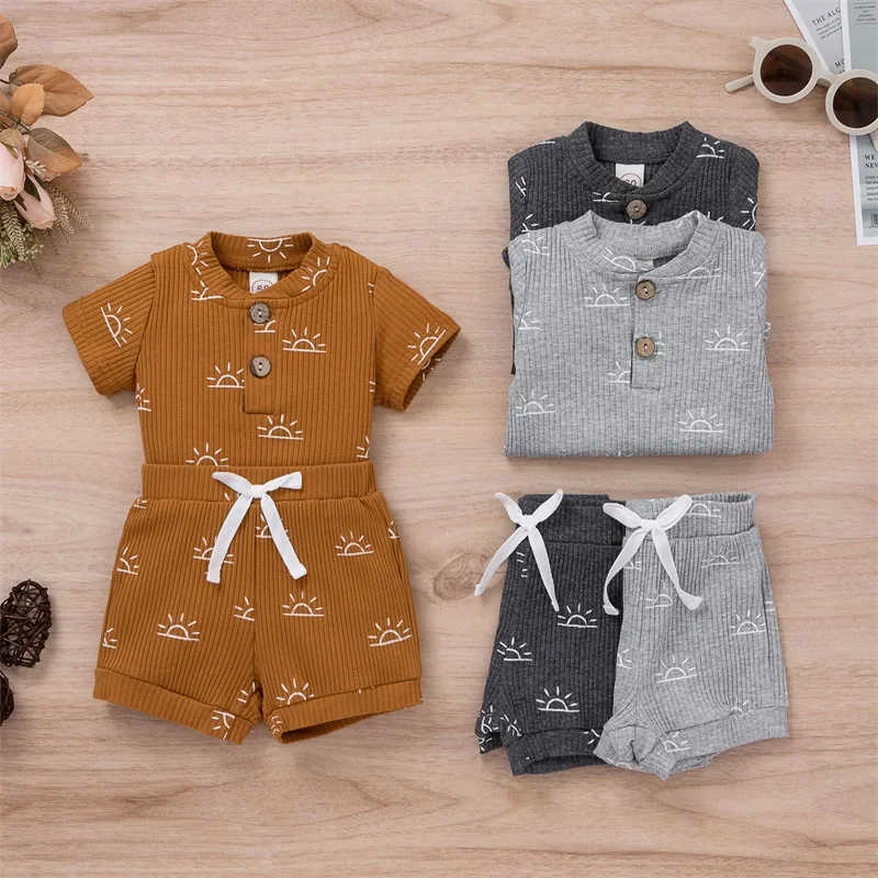 

0-18 Months Newborn Baby Clothing Two Piece Set, Infant Boy Solid Color Ribbed Crotch Snap Romper, Matching Shorts