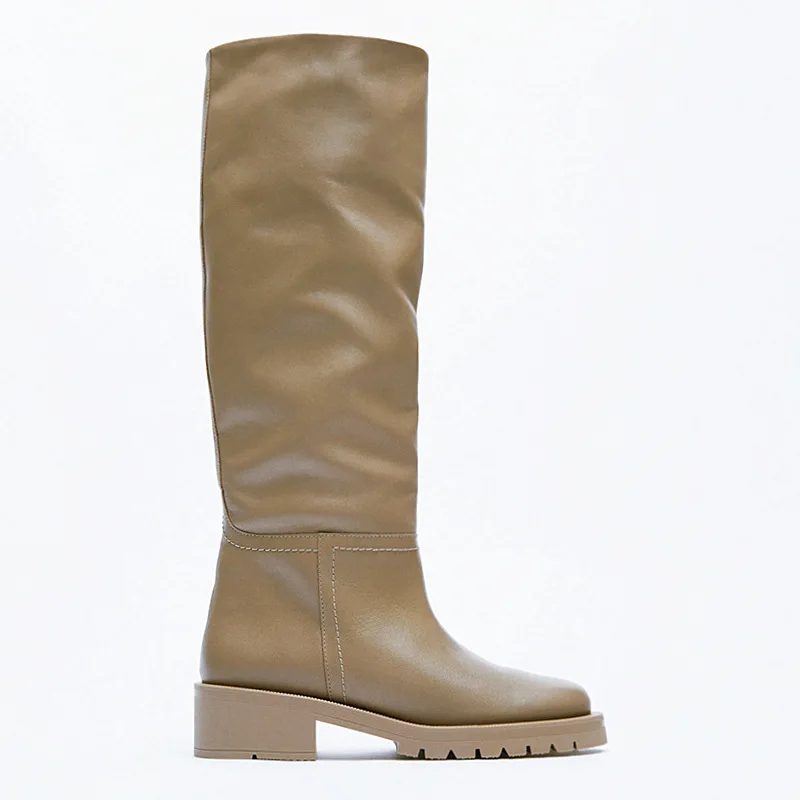 

LILYPTURT ZA Boots New Leather Flat ZA Ins Hot Boots Round Toe Sand Brown But Knee High Boots Wide Cavalier Boots Women