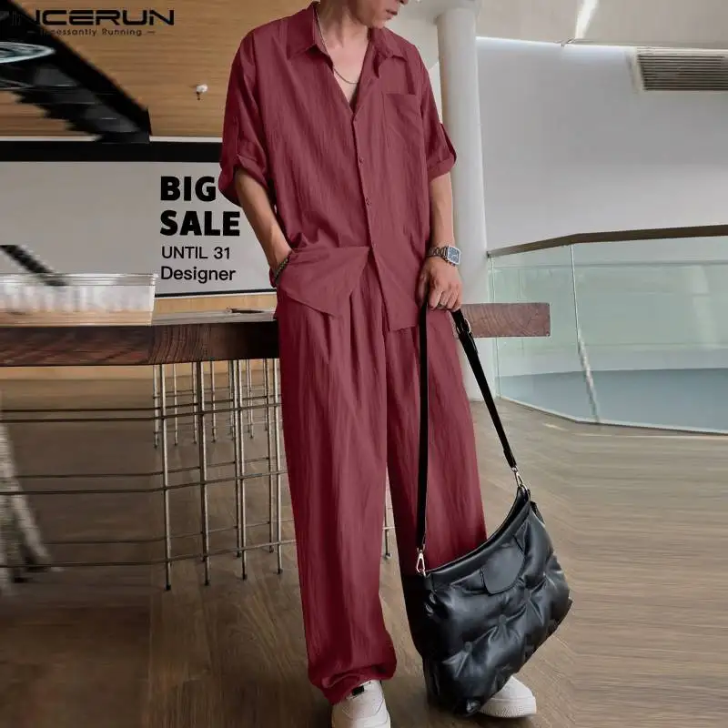 

Рубашка и брюки INCERUN мужские с отложным воротником, однотонные брюки с коротким рукавом, уличная одежда, свободные повседневные Костюмы в Корейском стиле, 2 шт., лето 2023