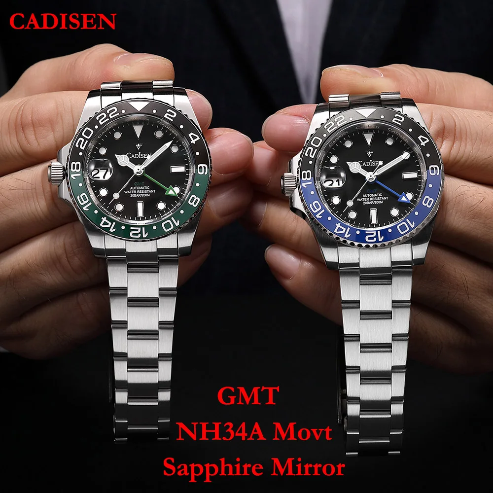 

CADISEN Dual Time GMT Men Mechanical Wristwatch Sapphire Glass Left Crown 200M Waterproof NH34A Automatic Watches For Diving