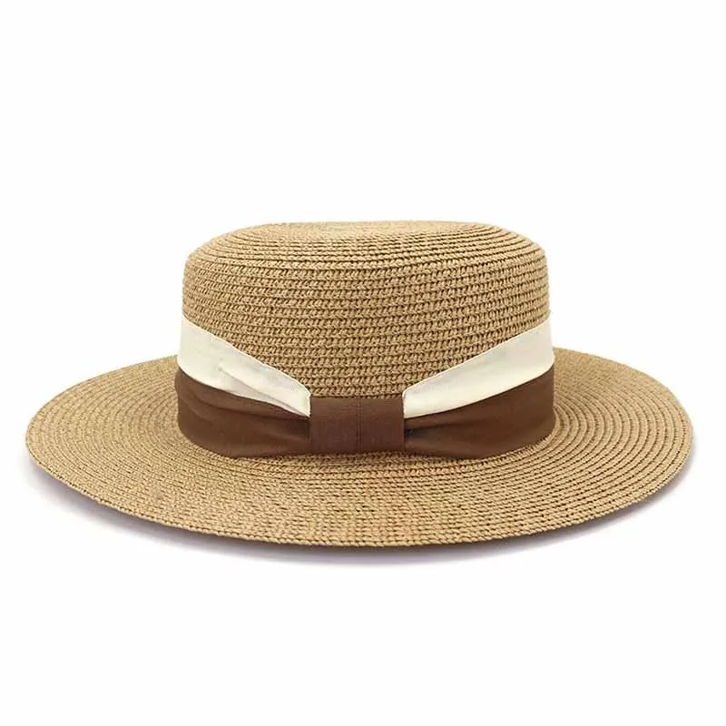 

Шляпа женская Соломенная с плоским верхом, простая модная солнцезащитная, с бантом, защита от ультрафиолета, для весны и лета