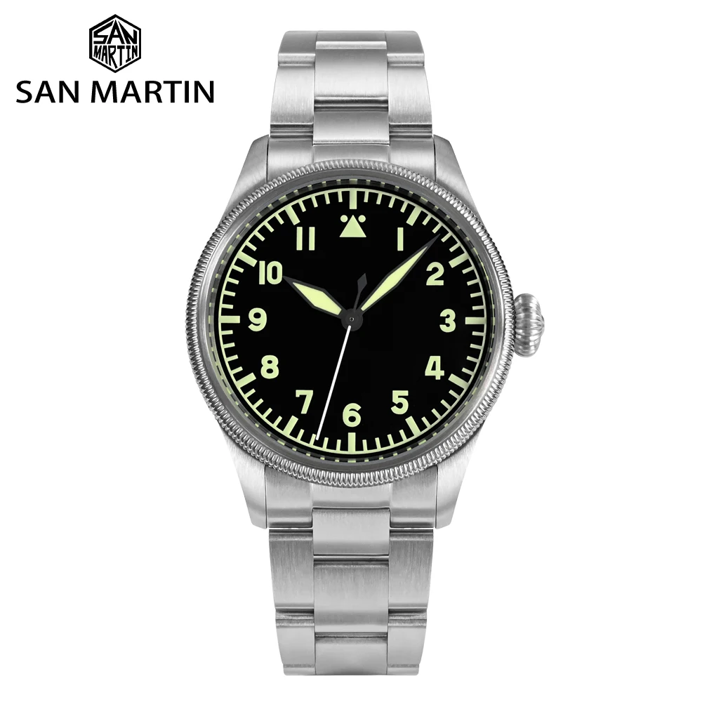 

San Martin 38.5mm Pilot Watch Carved Coin Bezel YN55 Military Sport Style Men Automatic Mechanical Sapphire 10Bar SLN C3 Lume