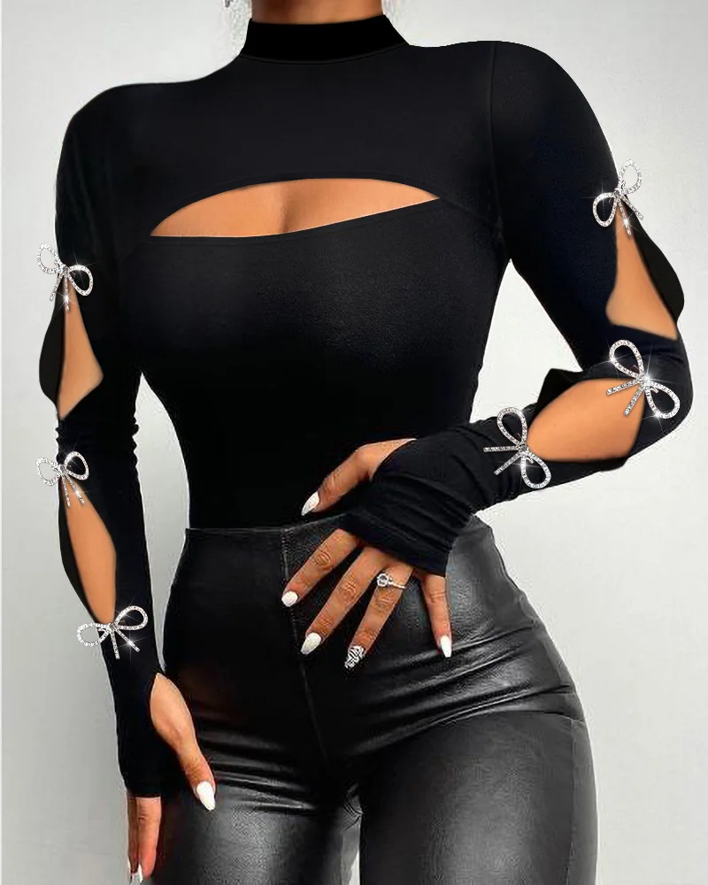 

Women T-shirt Fashion Black Long Sleeve Sexy Hollow Half High Collar Drill Buckle Bow Slim Spring And Autumn Commuter Jacket