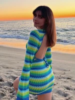 autumn backless vintage dresses 2022 sexy y2k stripe knit party bodycon robe woman long sleeve casual mini summer dress fashion