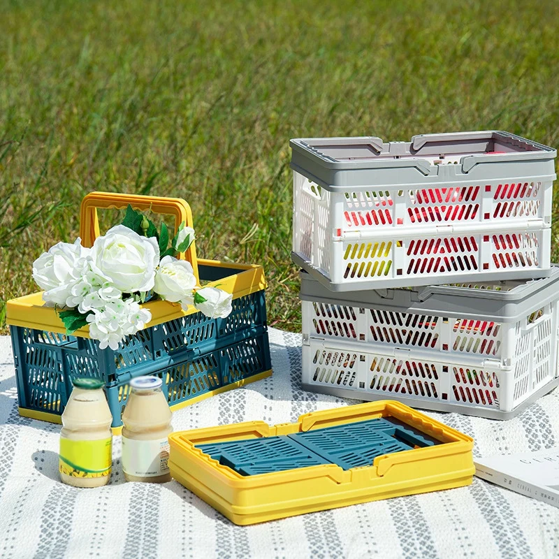 

Folding Storage Basket Household kitchen Fruit Vegetables Organize Plastic Hand-held Shopping Basket Picnic Supplies Dropship