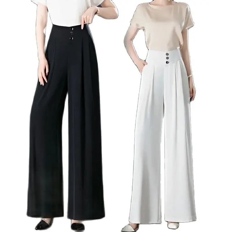 

Летние брюки с широкими штанинами, женские брюки из вискозы для мам среднего возраста, новинка 2023, весенние и тонкие повседневные юбки с высокой талией, брюки