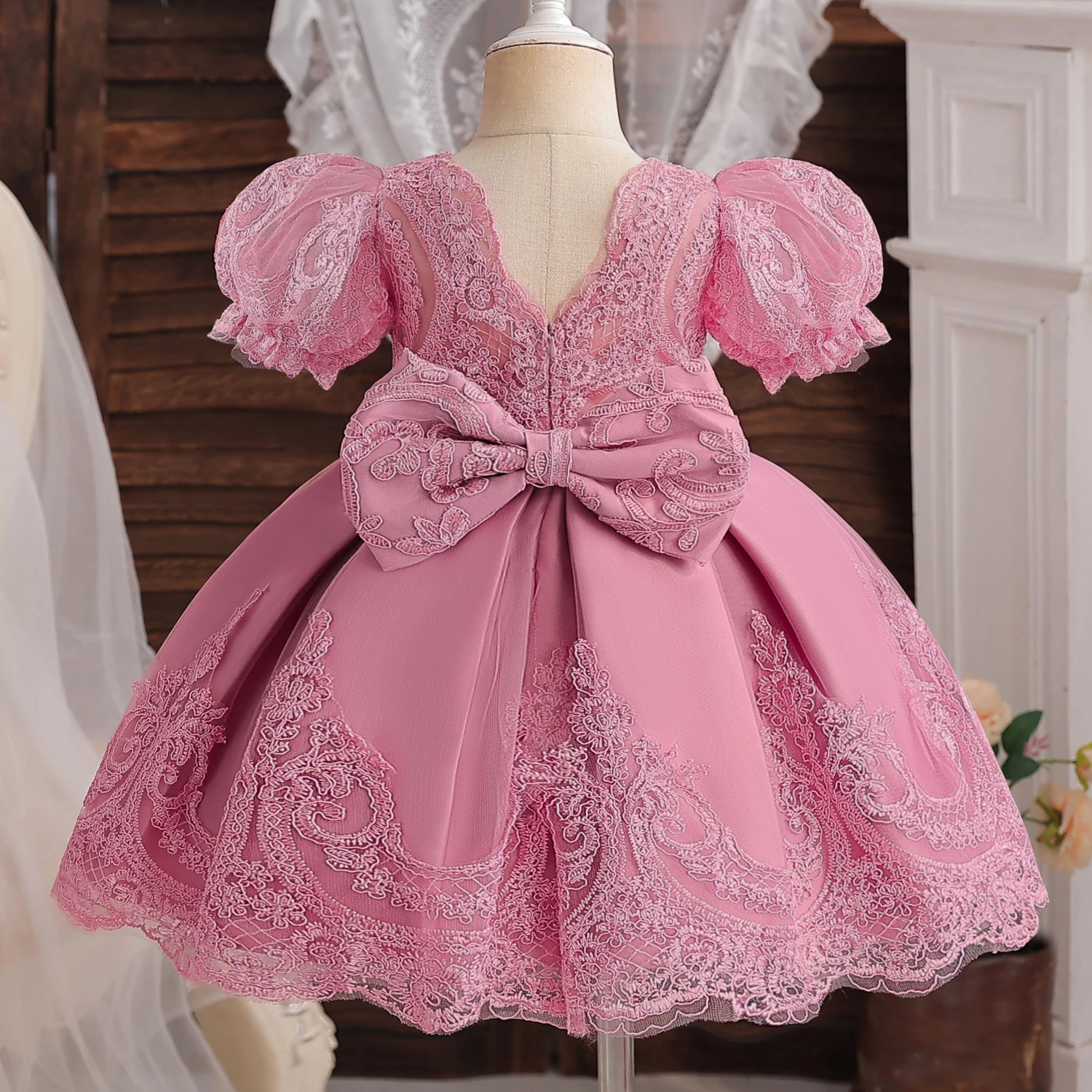 Cute Baby Lace Flower Tutu Gown Wedding Party Bow Beading Princess Girl Dress Inafnt Pink 1st Birthday Outfits Formal Gala Cloth