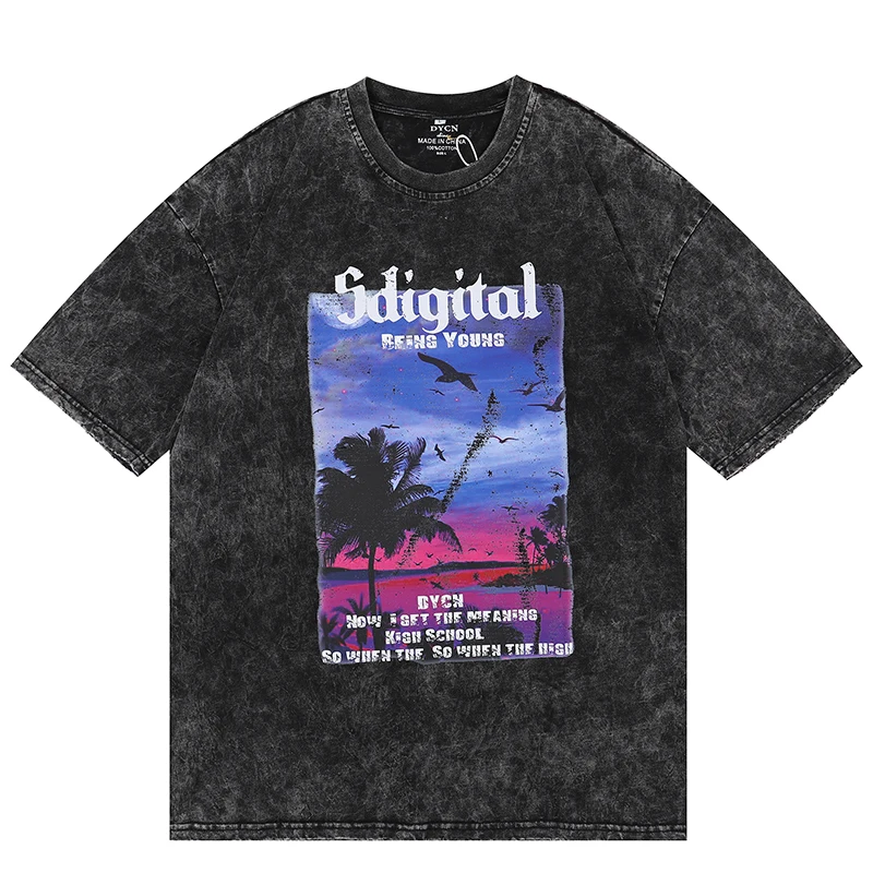 

2022 Men Washed T-Shirt Hip Hop Streetwear Beach Sunset Graphic T Shirt Harajuku Cotton Tshirt Summer Short Sleeve Tops Tees