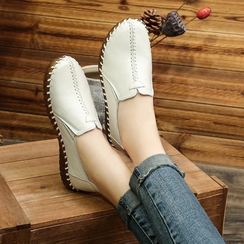 Women Comfort Casual Shoes Genuine Leather Loafers Breathable Flat Shoes Ladies White Loafers Women's Ballet Flats Moccasins