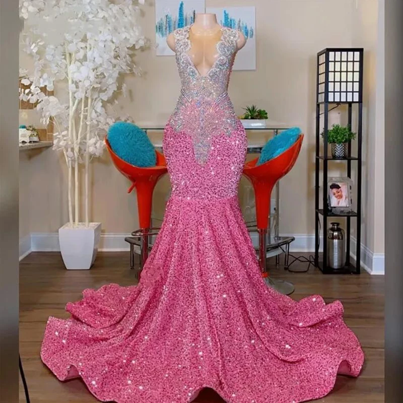 

Sparkly Prom Dress Pink Sleeveless Bling Sequined Beads V-Neck Floor Length Women Sexy Birthday Party Girls Cocktail Gowns 2023