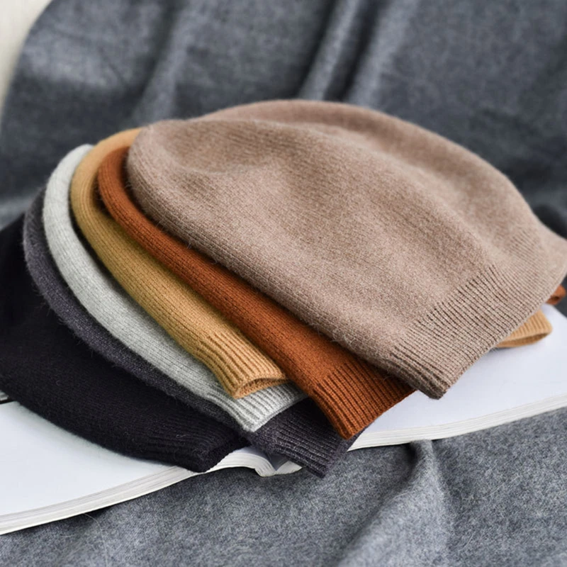 

6 Colorway Solid Color Real Cashmere Woman Winter Hat Soft Unisex Autumn Bonnet Soft handfeel Woman Warm Skullies Gift