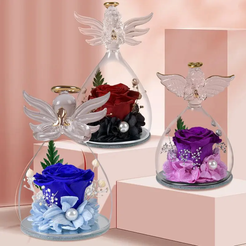Gifts for Women Preserved Rose In Angel Glass Cover Wedding Eternal Flowers Christmas Valentine Day Forever Love Gifts