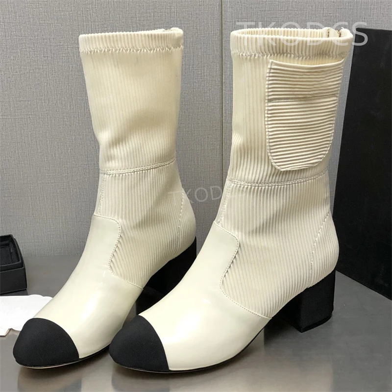 

Luxury Women Chunky High Heel Boots Genuine Leather Mixed Color Patchwork High Quality Calf Boots Round Toe Zip Ankle Boots