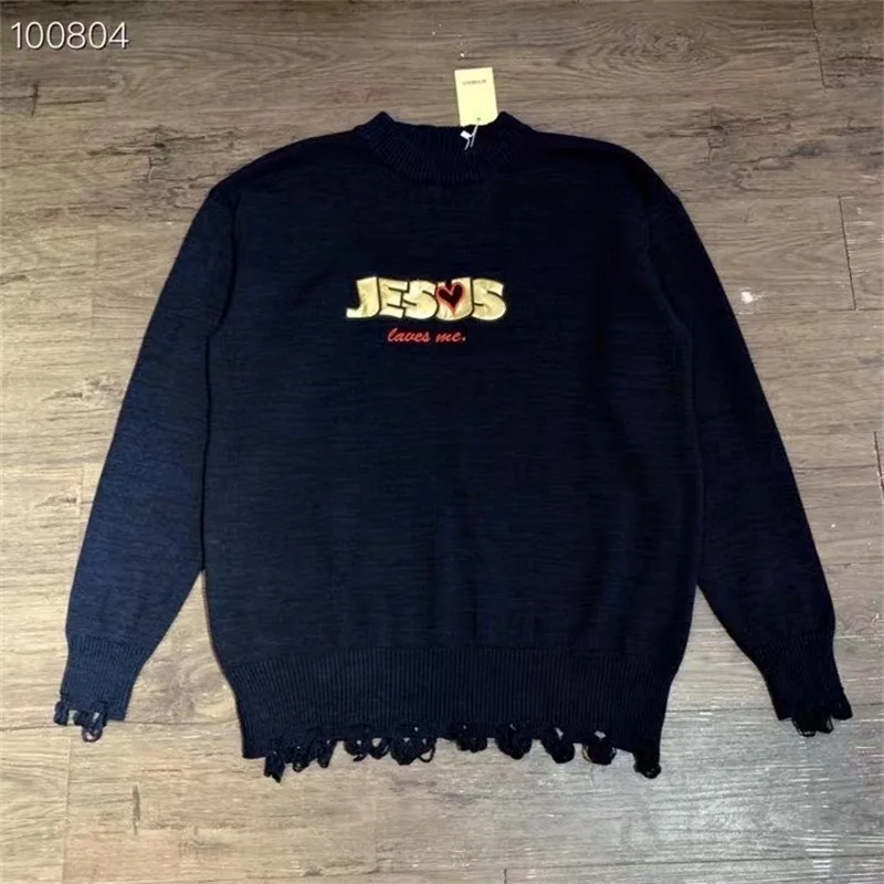 

JESUS Gilded Leather Embroidery VETEMENTS Sweater Men Women 1:1 Oversized Knitted Pullovers with Tag